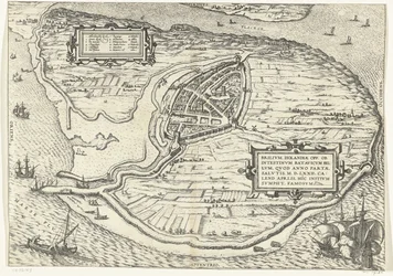 Mapa da ilha de Voorne e mapa de Brielle, 1572
Brilium, Holandiae opp. ob intestinum batavicum bellum, quod anno partae salutis M.D.LXXII. calend aprilis, hîc initium sumpsit, famosum (título sobre o objecto)