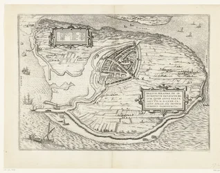 Mapa da ilha de Voorne e mapa de Brielle, 1572
Brilium, Holandiae opp. ob intestinum batavicum bellum, quod anno partae salutis M.D.LXXII. calend aprilis, hîc initium sumpsit, famosum (título sobre o objecto)