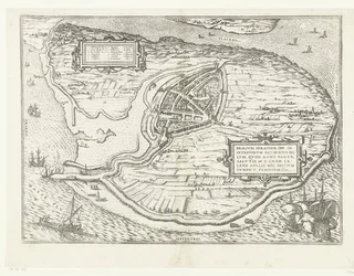 Mapa da ilha de Voorne e mapa de Brielle, 1572
Brilium, Holandiae opp. ob intestinum batavicum bellum, quod anno partae salutis M.D.LXXII. calend aprilis, hîc initium sumpsit, famosum (título sobre o objecto)