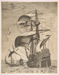 Três Mestres Armados em Mar Aberto Acompanhado por uma cozinha, da série Sailing Ves ..., 1561-65.