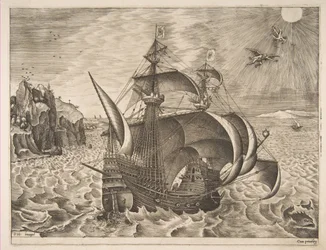 Três mestres armados com Dédalo e Ícaro no céu de The Sailing Vessels, 1561-65.