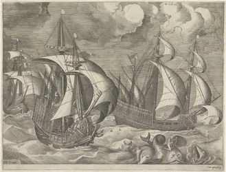 Três navios de guerra, em primeiro plano Arion em um golfinho Veleiros (título da série)