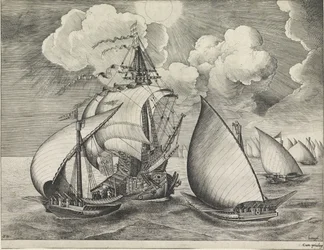 Uma frota de galeras armadas acompanhadas por um navio de guerra
Navios à vela (título da série)