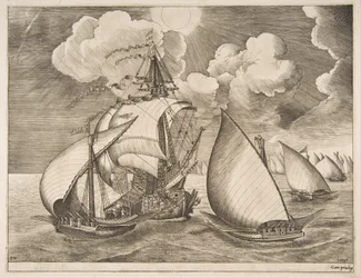 Frota de galés escoltada por uma caravela de The Sailing Vessels, 1561-65.