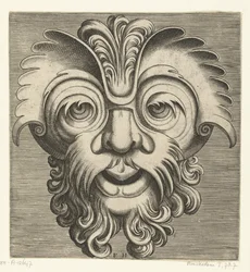 Máscara com barba e bigode com caracóis, um tufo de caracóis repousa sobre a raiz do nariz
Pourtraicture ingenieuse de plusieurs facons de masques... (título da série)