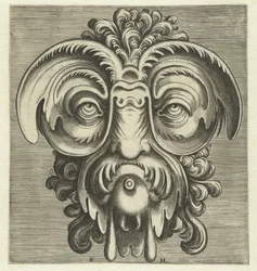 Máscara com pires à volta dos olhos e um tufo de caracóis na cabeça
Pourtraicture ingenieuse de plusieurs facons de masques... (título da série)