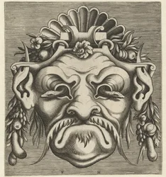 Máscara com duas serpentes olhando para fora das órbitas dos olhos
Pourtraicture ingenieuse de plusieurs facons de masques... (título da série)