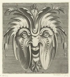 Máscara com bochechas flácidas e cachos de bagas no cabelo
Pourtraicture ingenieuse de plusieurs facons de masques... (título da série)