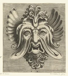 Máscara com bochechas caídas, dois dentes inferiores pontiagudos e um tufo de cachos descansando na raiz do nariz Pourtraicture ingenieuse de plusieurs facons de masques… (título da série)