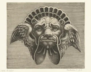 Máscara com asas em vez de orelhas e um toucado com a forma de uma concha
Pourtraicture ingenieuse de plusieurs facons de masques... (título da série)