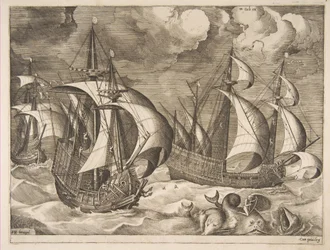 Três caravelas em uma rajada crescente com Arion em um golfinho de The Sailing Vessels, 1561-65.