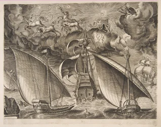 Duas galeras navegando atrás de um três mestres armados com Phaeton e Júpiter no céu, f ..., 1561-65.