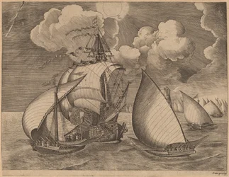 Uma frota de galés escoltada por uma caravela