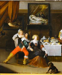 Cena de sociedade, um quadro de Danae na parede do fundo (pintura em madeira de carvalho)