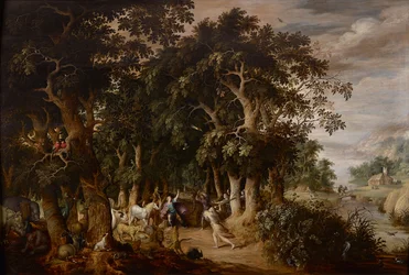 Uma clareira em uma paisagem densamente arborizada com muitos animais e Orfeu atacado pelas mulheres trácias (óleo no painel)