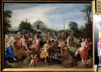 ""A procissão de Baco"" representação de uma bacanal, sátiros e bacantes dançando, tocando. Pintura de Franz (Frans) Francken II, o Jovem (1581-1642) (ec.flam.) Museu de Arte Estatal do século XVII, Tula, Rússia