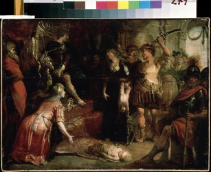 "O Julgamento de Salomão" Duas mulheres afirmam ser a mãe do mesmo filho. Pintura de Franz (Frans) Francken II o Jovem (1581-1642) Século XVII Mikhail Kroshitsky Art Museum, Sevastopol (Sebastopol) Ucrânia