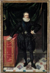Retrato no pé de Henrique IV (1553-1610) O rei traz a insígnia da Ordem do Espírito Santo (Ordem do Espírito Santo). Pintura de Frans Pourbus Le Jeune (François (Franz) Porbus