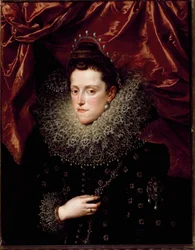 Retrato de Eleonore de Medicis (Eleonora de Medici) (1566-1611) Princesa da Toscana Ela tem uma coleira de morango. Pintura de Frans Pourbus Le Jeune (François (Franz) Porbus