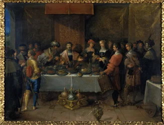 Dâmocles na mesa, antes de 1620 (óleo sobre cobre)