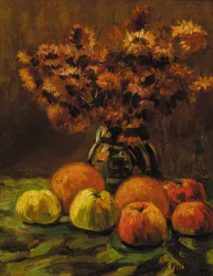 Maçãs, laranjas e um vaso de flores em uma mesa (óleo no painel)