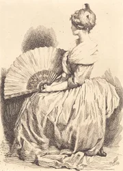 Senhora sentada com ventilador