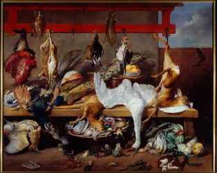 Mesa de cozinha com jogo, peixe e legumes Pintura de Frans Snyders (1579-1657) 1630 Dim. 2,73 x 3,40 m Lyon, Musee des Beaux Arts