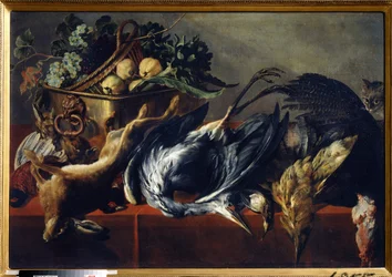 Natureza morta com um baú de ébano. Pintura por Frans Snyders (1579-1657). Óleo sobre tela, 98 x 160 cm. Escola flamenga, arte barroca. Museu Estatal de Arte, Tula (ou Tolan).