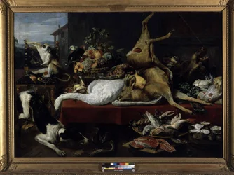 Natureza morta de caça, peixe, frutas e vegetais (óleo sobre tela)