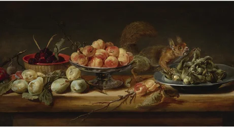 Natureza morta com pêssegos numa Tazza, avelãs num prato de estanho, framboesas num cesto, com pêras e um esquilo numa mesa
óleo sobre painel