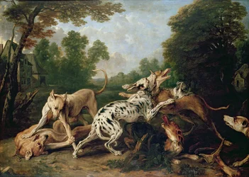 Cães brigando em uma clareira arborizada