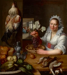 Scene de cuisine avec scene du Christ a Emmaus - Cena da cozinha com Cristo em Emaús, de Snyders (Snijders), Frans (1579-1657). Óleo sobre tela, Entre 1615 e 1620. Dimensões: 114,5x102 cm. Muzeul National Brukenthal, Sibiu