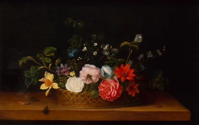 Flores em uma cesta com insetos em uma borda (óleo)