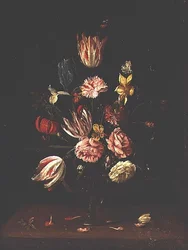 Túlipas, rosas, uma íris e um narciso