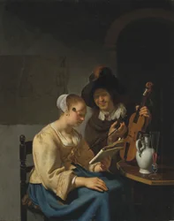 Mulher com partituras e um homem com um violino