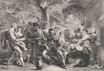 Dom Quixote e tropas de La Santa Hermandad fora de uma taverna, ca. 1635-79.