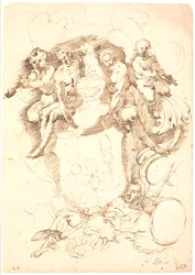 Composição heráldica: brasão com três violinos virados para cima, capacete com coroa de cachorro, cercado por duas figuras e dois putti tocadores de violino, todo apoiado em figura masculina reclinada (Netuno?)