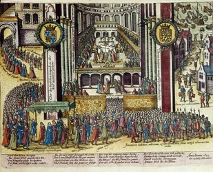 Coroação do rei Jaime I de Inglaterra (1566-1625) na Catedral de Westminster em 25/07/1603. 1653. Gravura de Franz Hogenberg (1535-1590). Gabinete de Estampas, B.N., Paris.