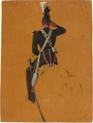 Um oficial de cavalaria montada visto de trás
