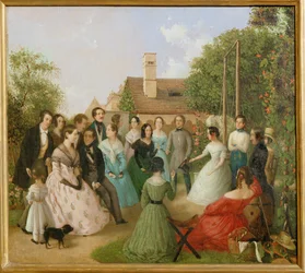 Pfaenderspiele der Familienmitglieder Alt im Garten - Um jogo de perdas no jardim da família Alt ... (pintura sobre tela)