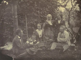 [Três mulheres, dois homens e uma criança em um piquenique], 1850s-60s.