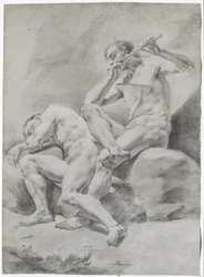 Dois homens nus, a dormir e a tocar flauta