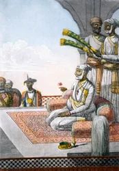 Em Rahjah com atendentes, de "Os Hindus ou a descrição de seus costumes alfandegários em cerimônias", pub. 1808-12 (gravura colorida)