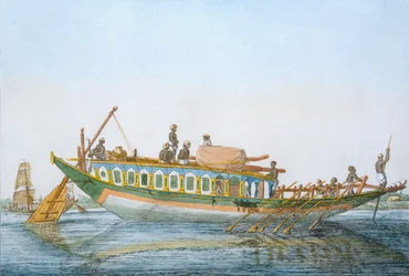 Badjera, embarcação fluvial cabinada com um grande leme de leme, de "The Hindus, ou a descrição de suas maneiras, trajes e cerimônias", c.1808-12 (gravura colorida)