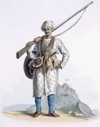 Behaleea ou soldado hindu, de &39;Costumes of India&39; de E. Orme, 1804 (gravura colorida)