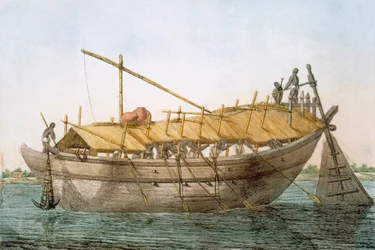 Wolack, embarcações fluviais para o transporte de mercadorias, de "The Hindus, ou a descrição de suas maneiras, trajes e cerimônias", c.1808-12 (gravura colorida)