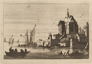 Igreja em uma enseada com barco a remo em primeiro plano
