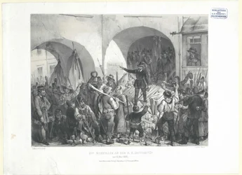 A barricada na Universidade K. K. em 26. maio de 1848 (litografia)