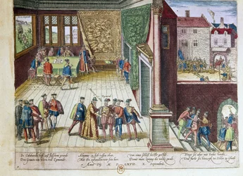 Prisão de Lamoral, conde de Egmont (1522-1568) e Philippe de Montmorency (1524-1568), conde de Hornes (Hoorn) pela sua posição contra o rei Philippe II de Espanha (1527-1598). Foram executados em 1568 (canto superior direito) 1653 Impressão por F