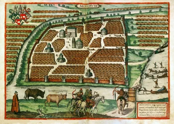 Mapa de Moscou (Rússia) - Obra de Frans Hogenberg (1535-1590), gravura e aquarela extraídas do terrário Civitates orbis